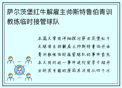 萨尔茨堡红牛解雇主帅斯特鲁伯青训教练临时接管球队